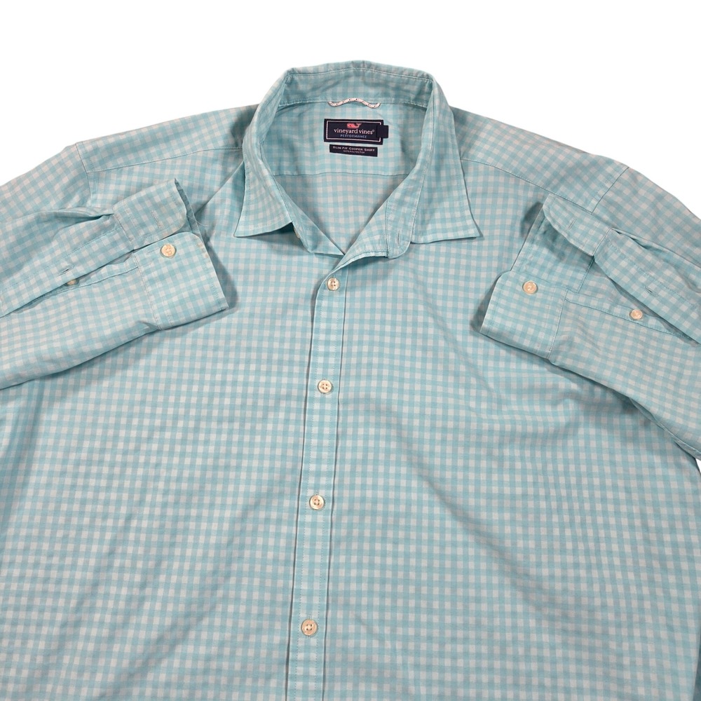 Vineyard Vines Performance Shirt Mens 2XL Blue Slim Fit Gingham Long Sleeve